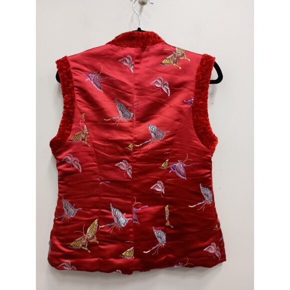 Vintage Jing Xia Womens Chinese Vest Sz Large Red Satin Butterfly Faux Fur Trim - Picture 9 of 10
